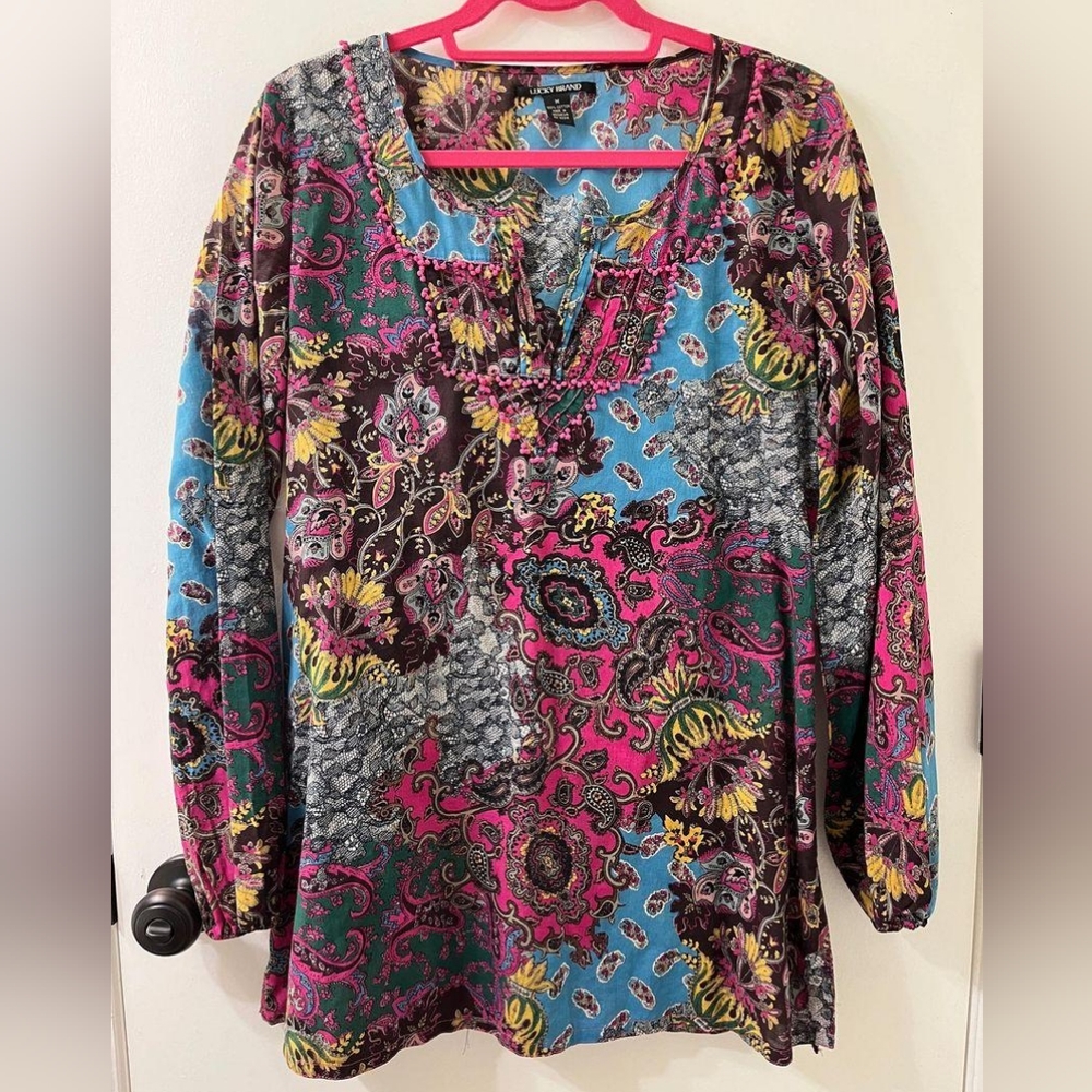 Multi Color Paisley Lucky Brand Psychedelic Tunic Y2K Vintage sz M